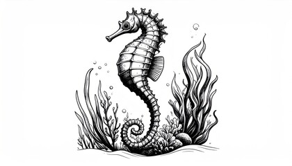 Detailed Seahorse Illustration with Seaweed and Bubbles.