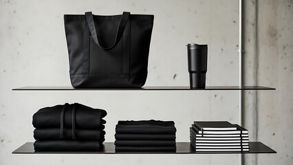 Minimalist Black Accessories and Apparel Displayed on Shelves.