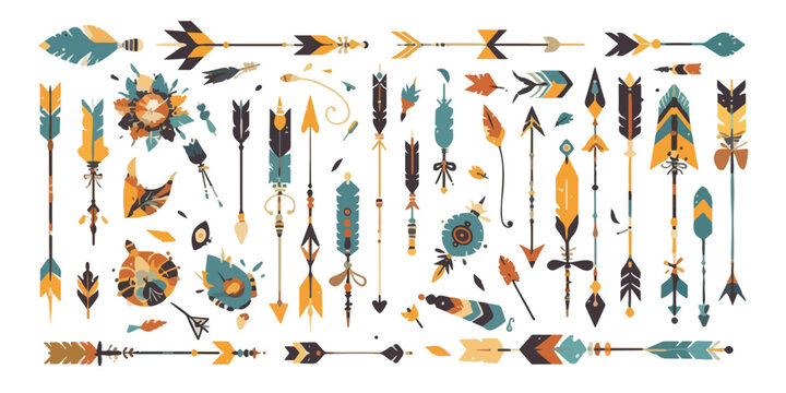 Grande collection vectorielle de fl&egrave;ches stylis&eacute;es, orn&eacute;es de plumes et motifs tribaux, id&eacute;ales pour des designs boh&egrave;mes sur fond transparent.