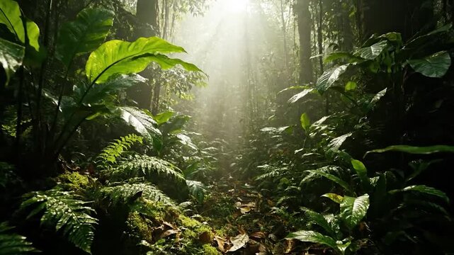 Lush rainforest scene, sunlight breaking through foliage, creating a mystical atmosphere