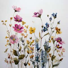 watercolor wildflowers, pink cosmos flowers, yellow daisies, blue thistles, on a white background