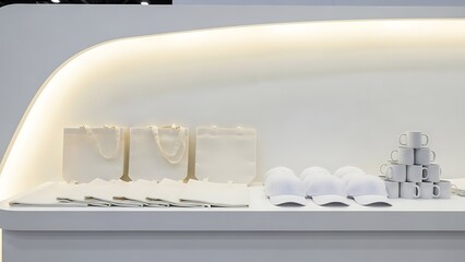 Clean White Display Shelf with Products and Lighting.