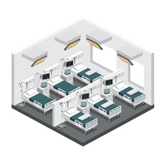 Obraz premium Hospital Ward with Six Beds and Medical Equipment.