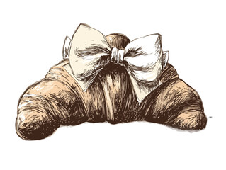 Illustration vintage d'un croissant fran&ccedil;ais gourmand orn&eacute; d'un &eacute;l&eacute;gant n&oelig;ud en ruban, dessin&eacute; &agrave; la main sur fond transparent.