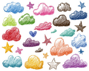Motifs enfantins et color&eacute;s de nuages, &eacute;toiles et c&oelig;ur dessin&eacute;s au crayon, id&eacute;aux pour des compositions graphiques transparentes et ludiques.