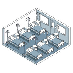 Obraz premium Hospital Ward with Six Beds and Medical Equipment.