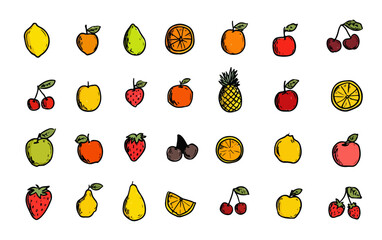 Collection d'illustrations vari&eacute;es de fruits frais dessin&eacute;s &agrave; la main, parfaits pour des ressources graphiques sur fond transparent.