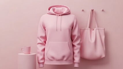 Minimalist Pink Hoodie and Tote Bag Display.