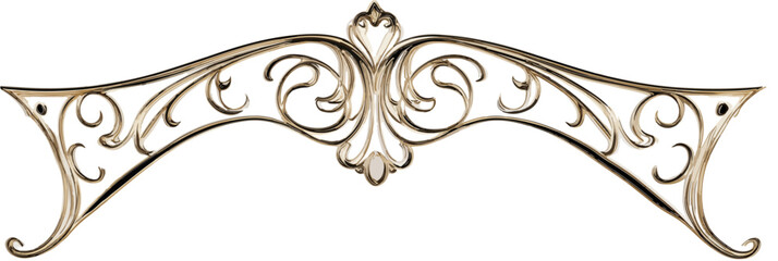 Ornement d&eacute;coratif en fer forg&eacute; dor&eacute; avec des volutes &eacute;l&eacute;gantes et un design sym&eacute;trique, parfait pour des arri&egrave;re-plans transparents.