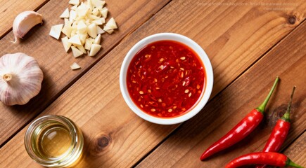 Spicy Red Chili Garlic Sauce with Fresh Ingredients on a Wooden Table