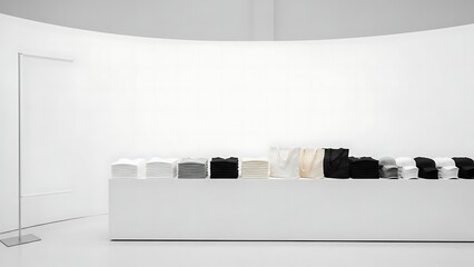 Minimalist White Retail Display with Assorted Black and White Handbags.