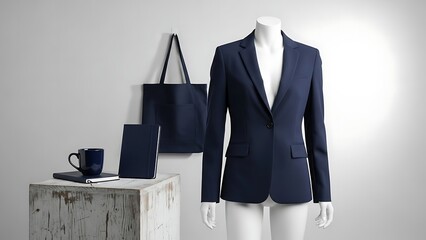 Professional Navy Blue Blazer Outfit with Accessories for Business Women.