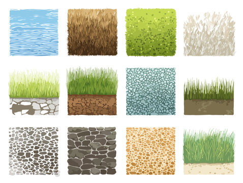 Ensemble de textures et de surfaces naturelles, y compris l'eau, l'herbe, le sol, les pierres et le sable, pour des conceptions graphiques.