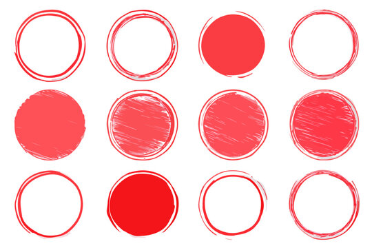 Collection de cercles rouges dessin&eacute;s &agrave; la main, avec des textures grunge et des contours, parfaits pour des &eacute;l&eacute;ments graphiques transparents.