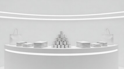 Minimalist White Buffet Table Setup with Stacked Plates and Decorative Elements.
