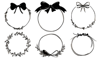 Cet ensemble &eacute;l&eacute;gant de six cadres circulaires dessin&eacute;s &agrave; la main, orn&eacute;s de d&eacute;licats n&oelig;uds et de motifs v&eacute;g&eacute;taux, est id&eacute;al pour les designs transparents et les invitations cr&eacute;atives.