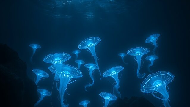 Strange and beautiful bioluminescent lifeforms emerging from the inky darkness of the deep ocean.