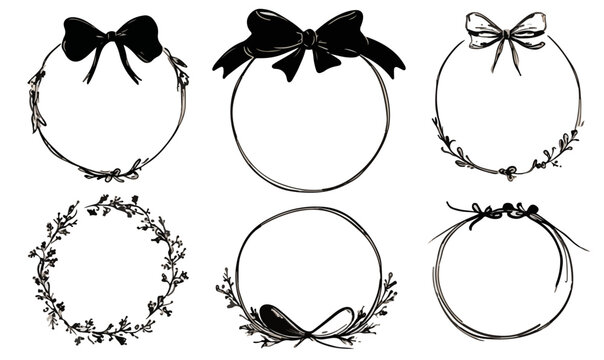 Cet ensemble &eacute;l&eacute;gant de six cadres circulaires dessin&eacute;s &agrave; la main, orn&eacute;s de d&eacute;licats n&oelig;uds et de motifs v&eacute;g&eacute;taux, est id&eacute;al pour les designs transparents et les invitations cr&eacute;atives.