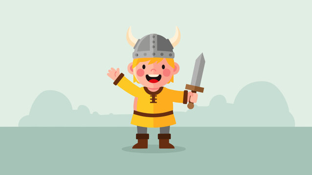 Cartoon Viking Warrior with Sword and Horned Helmet Illustration.