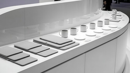 Modern Display Counter Showcasing Sleek Mugs and Coasters.