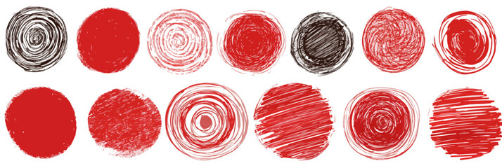 Collection de cercles dessin&eacute;s &agrave; la main, rouges et noirs, avec des textures vari&eacute;es, parfaits pour des &eacute;l&eacute;ments de design graphique sur fond transparent.