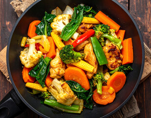 Indonesian Capcay Stir Fry with Mixed Vegetables and Chicken in Frying Pan, Top View