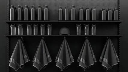 Minimalist Black Shelf Displaying Bottles and Towels.