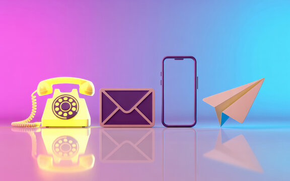 Vibrant 3D communication icons vintage phone mail envelope smartphone paper plane on a reflective surface with a pink and blue gradient background - Powered by Adobe