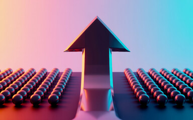 Metallic arrow pointing upwards symbolizing business growth success and progress surrounded by spheres illuminated by vibrant neon pink and blue light
