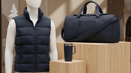 Mannequin Display Featuring Padded Vest and Travel Bag.