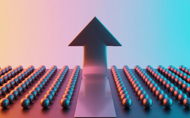 Prominent metallic arrow points upwards on dark reflective base Rows shiny spheres flank it Vibrant neon pink and blue lights show progress growth suc
