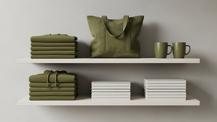 Minimalist Home Decor Display with Folded Clothes and Mugs on Shelves.