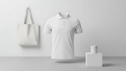Clean White Polo Shirt Tote Bag and Perfume Bottle Mockup.