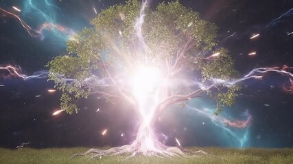 Magical Lightning Tree In Field At Night Stars Background - Powered by Adobe
