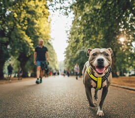 Happy Canine in the Park: A cheerful dog bounds joyfully along a tree-lined path in a park, its happy expression radiates pure glee, capturing the essence of a perfect day out.