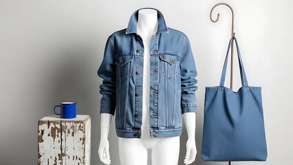 Classic Blue Denim Jacket on Mannequin with Tote Bag and Mug.