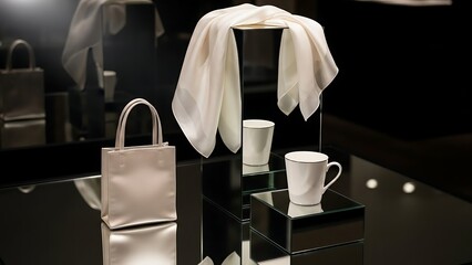 Elegant Display of White Ceramic Mugs and a Soft White Fabric.