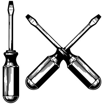 Detailed Flathead Screwdriver Vector Illustration in Classic Engraved Style, Perfect for Hardware, Construction, and Home Improvement Themes, Isolated EPS File for Design