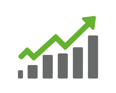 Graphique &agrave; barres avec fl&egrave;che verte ascendante symbolisant la croissance &eacute;conomique, le succ&egrave;s financier et le progr&egrave;s des affaires.