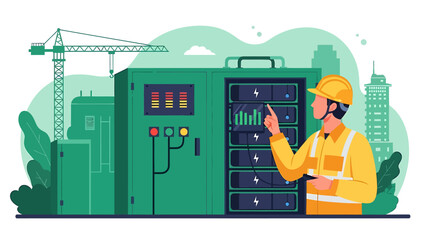 Technician Inspecting Industrial Server Equipment at Construction Site.