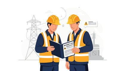 Two engineers in safety vests and hard hats discussing a document.