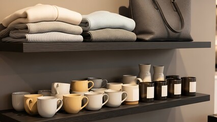 Cozy Home Decor Display Featuring Folded Sweaters Mugs and Jars on Shelves.