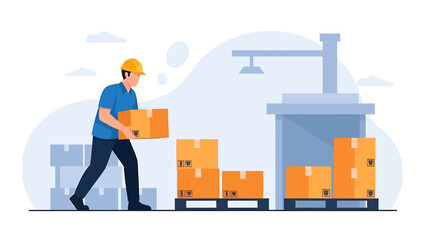 Warehouse worker carrying a cardboard box to a conveyor belt.