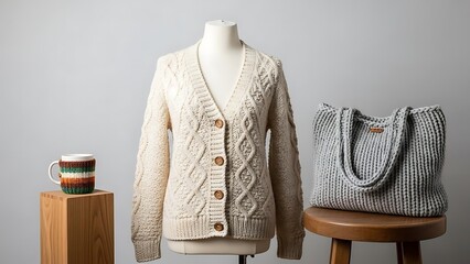 Cozy Cream Cable Knit Cardigan Displayed with Mug and Tote Bag.