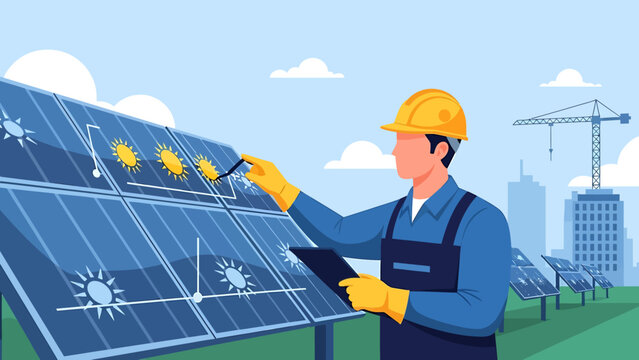 Solar panel technician inspecting renewable energy system. - Powered by Adobe