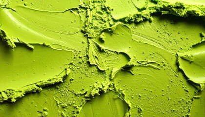 Vibrant lime green cosmetic product texture closeup showing thick creamy swirls and scattered powder particles suggesting makeup or paint art background design