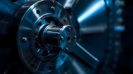 Fototapeta premium Macro Shot of Industrial Steel Machine Part in Blue Light