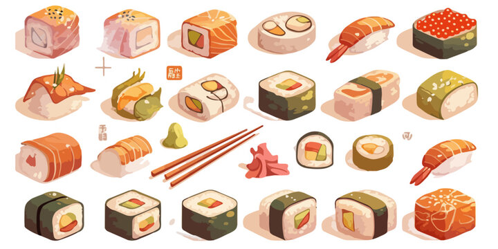 Vaste collection d'illustrations de sushis et sashimis japonais vari&eacute;s, avec nigiri, maki, baguettes et condiments, id&eacute;ale pour un fond transparent.