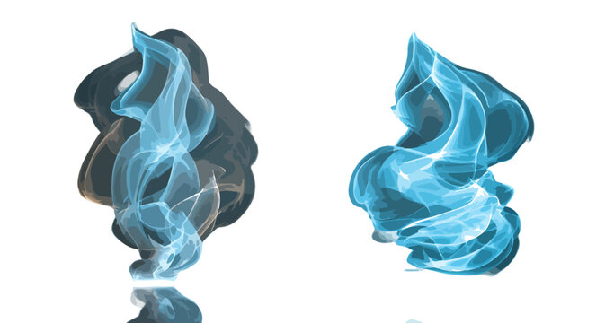 Formes abstraites transparentes et fluides de volutes bleues, &eacute;voquant fum&eacute;e ou flamme stylis&eacute;e, en rendu num&eacute;rique sur fond blanc.