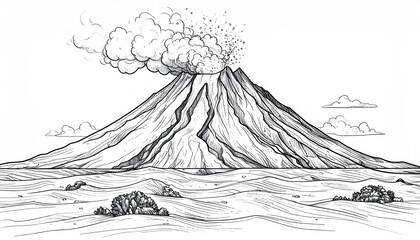 Detailed Sketch of a Volcano Erupting with Smoke and Lava.